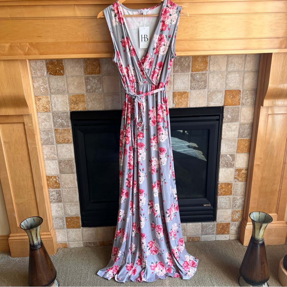Hazel Blue Gezelle Sleeveless Grey Maxi Dress w/ Pink Floral Print - Sz XL Tall